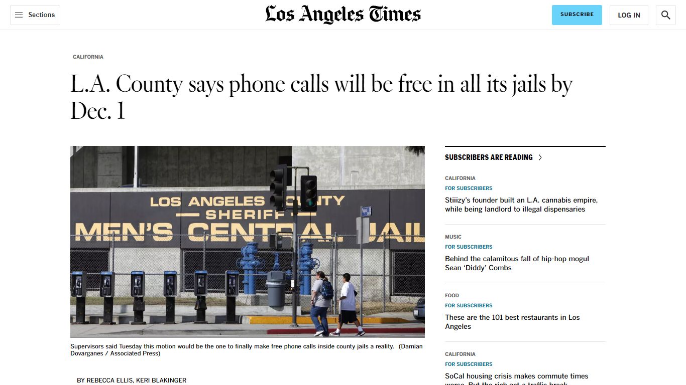 L.A. County says phone calls will be free in all its jails by Dec. 1